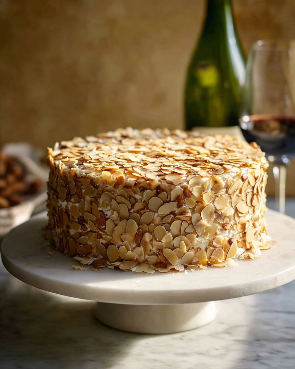 A round layered cake covered entirely with light tan toasted almond slices on the sides and top, hiding the creamy white frosting underneath; the cake sits on a smooth white marble cake stand with soft shadows, while an out-of-focus green wine bottle and glass stand in the brown blurred background on a white marbled surface. photo taken with an iphone --ar 4:5 --v 7