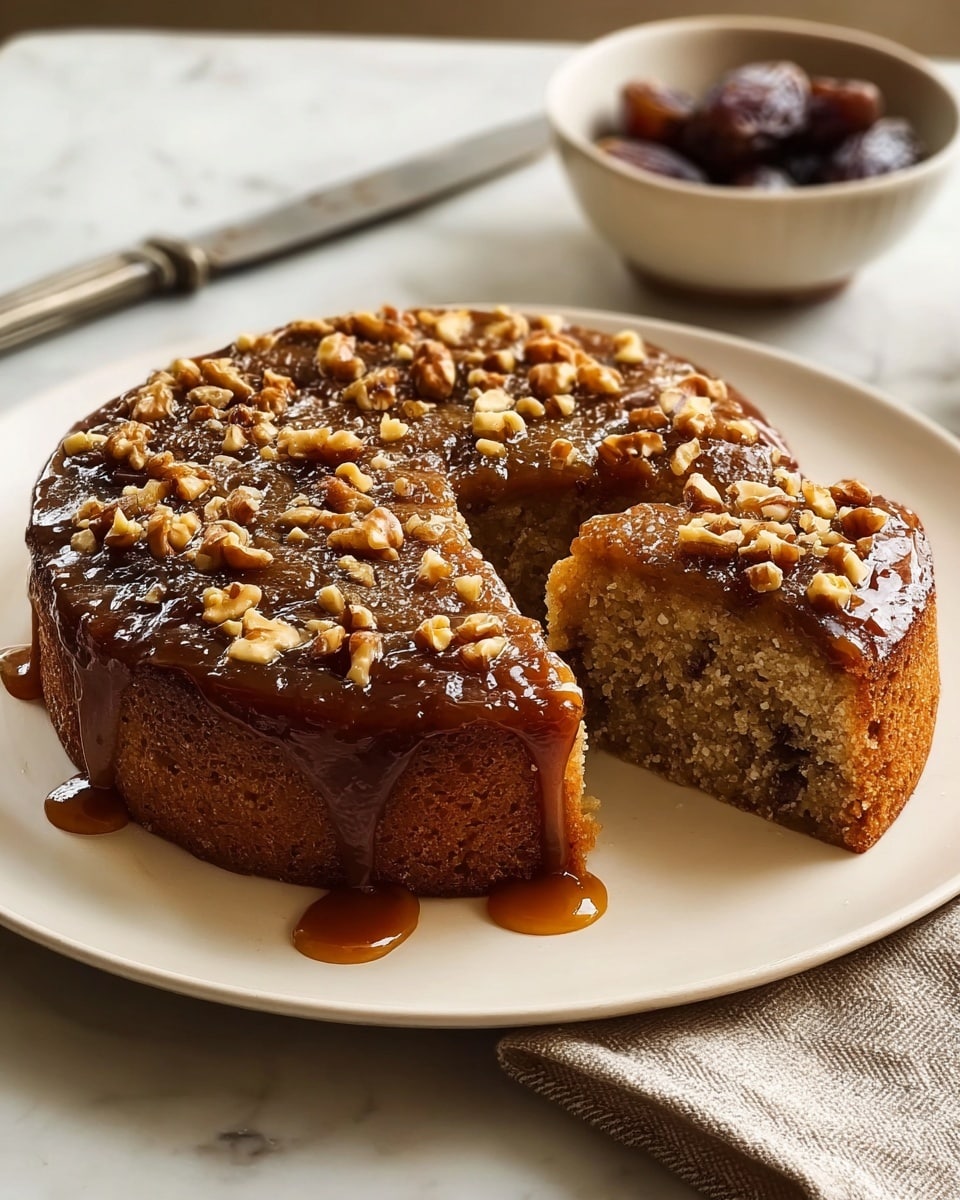 A round cake with one layer sits on a white plate on a white marbled surface. The cake has a golden brown crust with a shiny caramel glaze on top, sprinkled with small pieces of chopped walnuts. A wedge-shaped slice is cut out from the side, showing the light, moist, slightly crumbly inside with darker streaks of filling. The glaze drips softly down the sides, adding a glossy texture to the cake's darker brown edges. In the background, there is a small white bowl filled with dates, and a metal knife lies on a folded beige cloth next to the plate. photo taken with an iphone --ar 4:5 --v 7