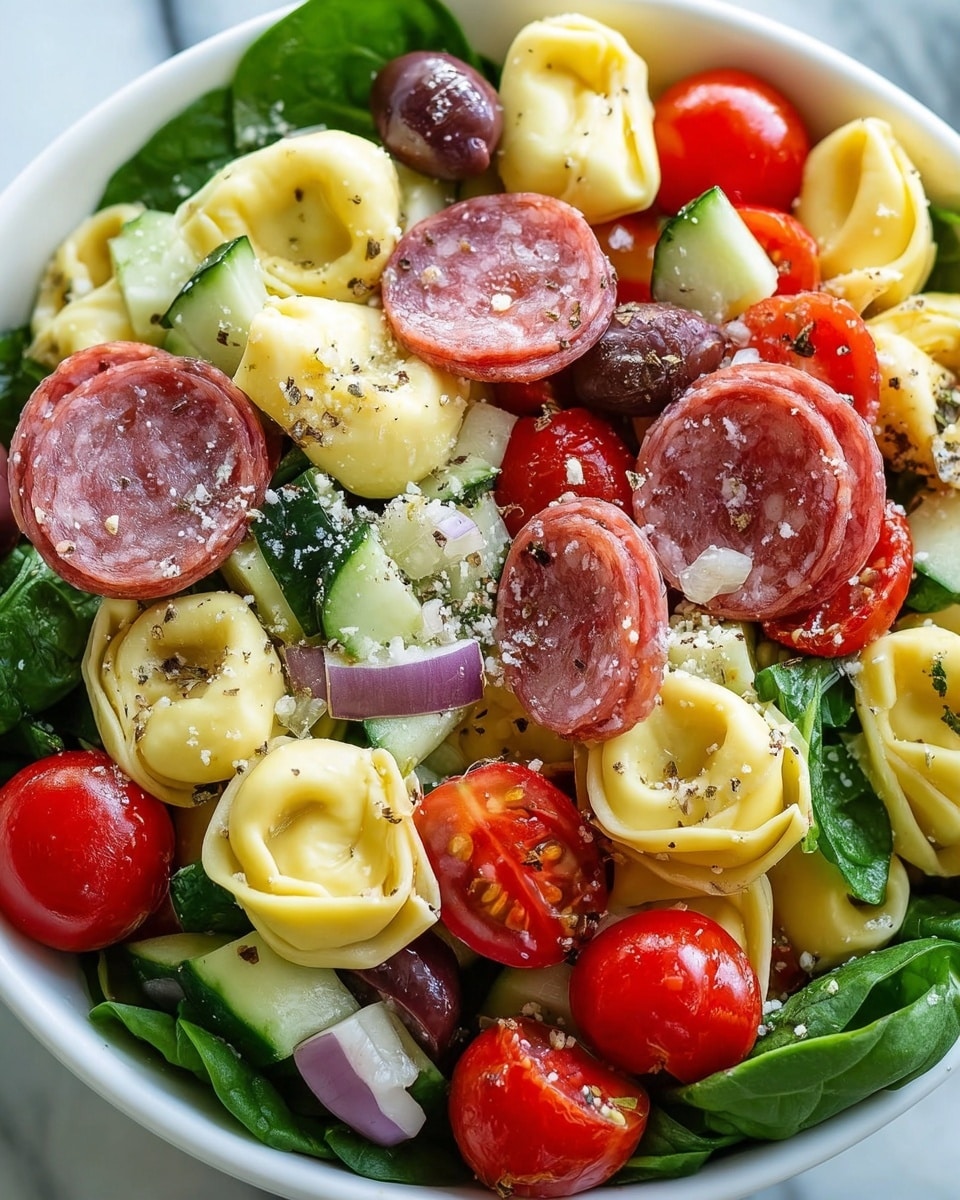 A close-up of a colorful pasta salad in a white bowl on a white marbled texture surface, showing three main layers: the bottom layer of fresh dark green spinach leaves, the middle layer of yellow tortellini pasta with a smooth texture, and the top layer made up of bright red halved cherry tomatoes, slices of red and white marbled salami, dark purple olives, and small chunks of pale green cucumber, all sprinkled lightly with coarse black pepper and grated white cheese, creating a fresh and vibrant mix with a variety of shapes and colors. Photo taken with an iphone --ar 4:5 --v 7