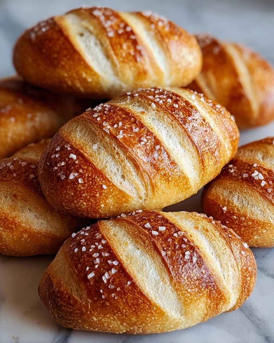 Several golden brown baguettes are stacked close together on a white marbled surface. Each baguette has a crisp crust with a slightly bubbled texture and cuts along the top revealing a soft, airy, pale yellow interior. The ends of the baguettes come to rough points, and some flour dust lightly covers parts of the crust, adding a rustic touch. The lighting highlights the glossy, crunchy crust contrasting with the tender inside. photo taken with an iphone --ar 4:5 --v 7