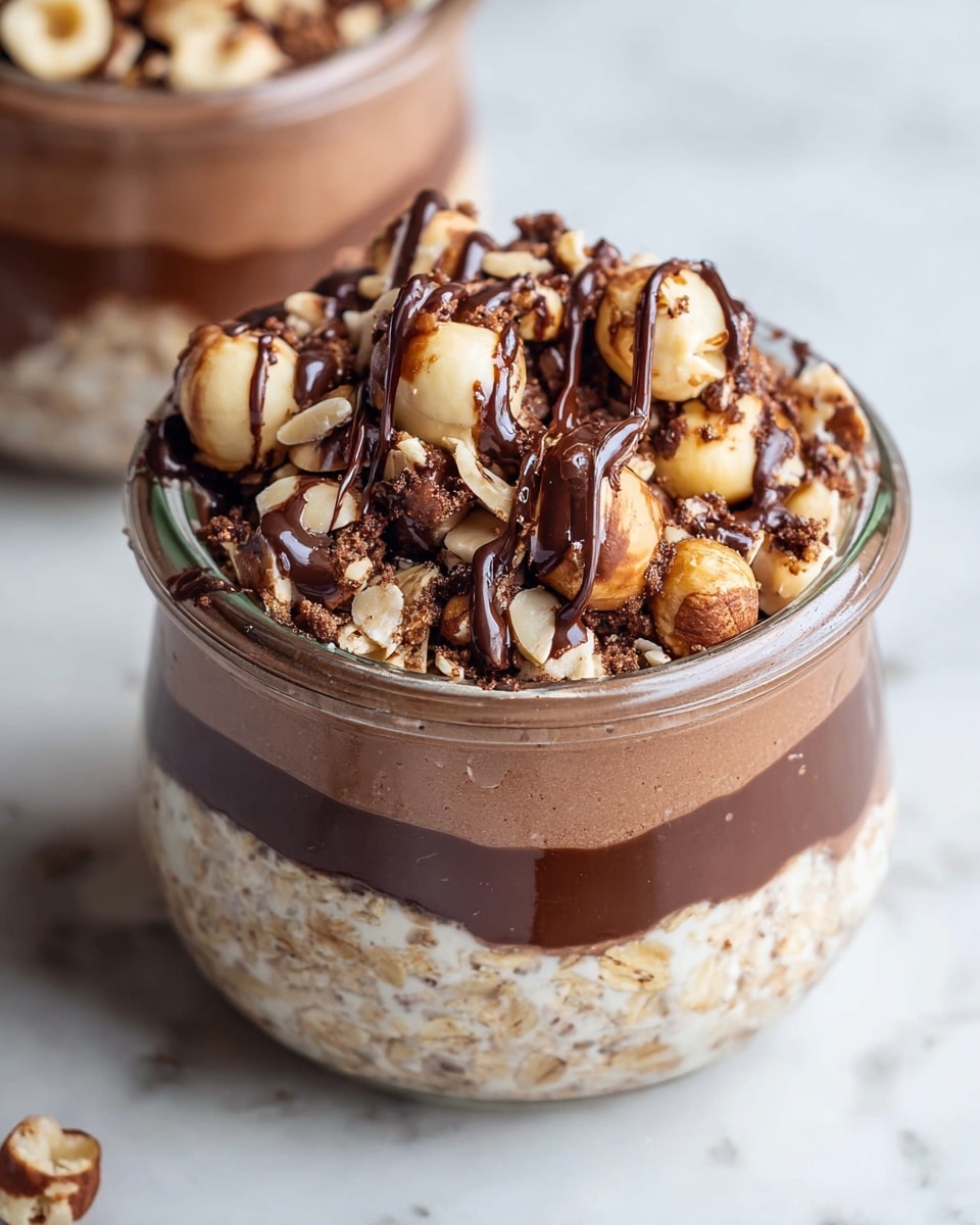 The image shows a clear glass jar filled with layers starting at the bottom with a thick dark brown chocolate mousse, followed by a middle layer of crushed nuts and oats mixed with a lighter brown creamy mixture, topped with a glossy dark chocolate drizzle. On top, there is a crunchy layer made of chopped nuts and oats, slightly covering two gingerbread cookies – one shaped like a smiling gingerbread man in light brown and the other with a bunny design in a similar color. The jar sits on a white marbled surface with another jar in the background and hazelnuts scattered around in a small bowl. Photo taken with an iphone --ar 4:5 --v 7