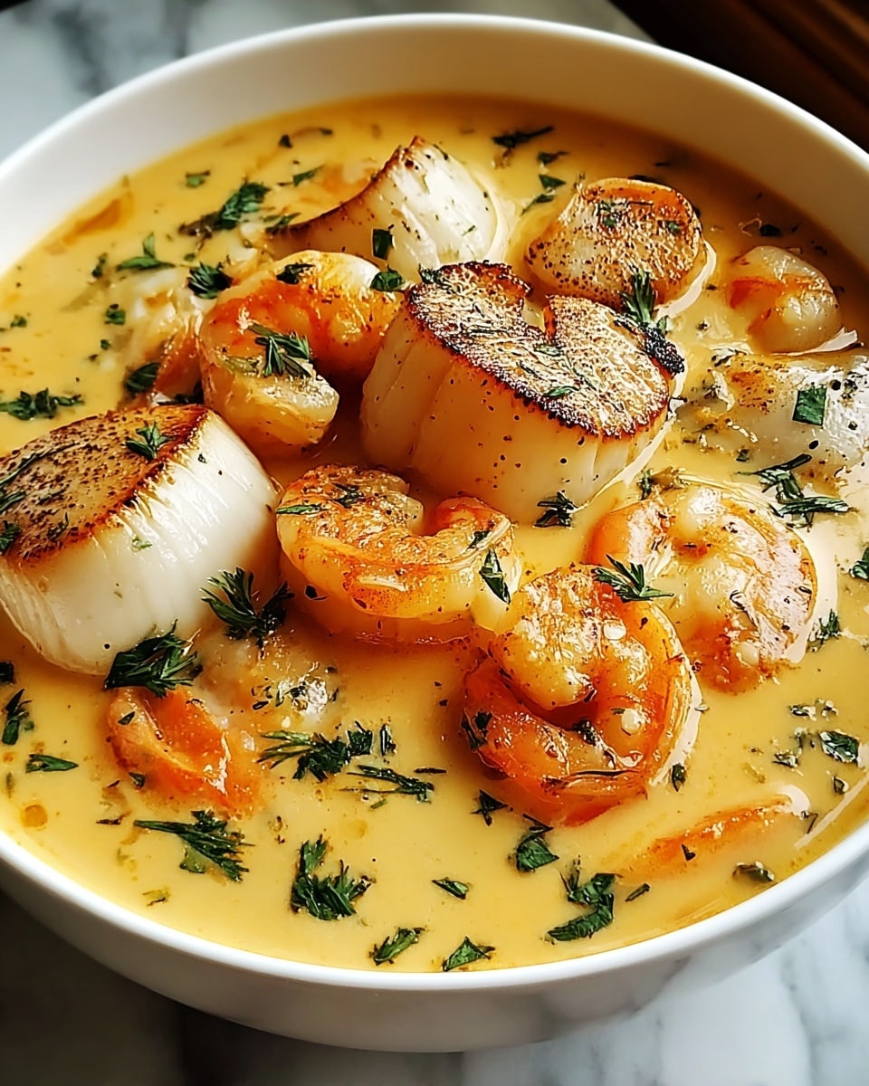 A white bowl filled with creamy yellow soup showing a smooth texture with small green herb leaves scattered on top. Within the soup, several pink-orange shrimp with visible tails are mixed alongside large white scallops that have browned, grilled tops. The bowl rests on a white marbled surface, highlighting the rich colors and textures of the seafood and creamy soup. photo taken with an iphone --ar 4:5 --v 7