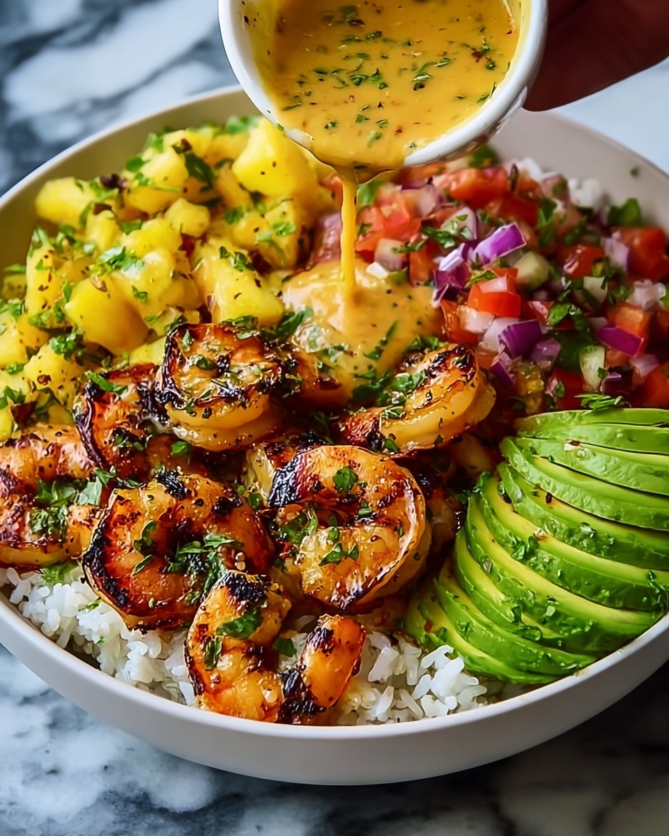 A white bowl filled with a colorful shrimp bowl on a white marbled surface. The base layer is white rice, topped with grilled shrimp that are golden brown with charred marks and sprinkled with chopped green herbs. Next to the shrimp, there is a fresh salsa layer made of bright yellow pineapple chunks, red diced tomatoes, and bits of purple onion mixed with green herbs. On the side, there are neatly sliced green avocado pieces arranged in a fan shape. A creamy orange-yellow sauce flecked with herbs is being poured over the pineapple salsa from a small white bowl held by a woman's hand. Photo taken with an iphone --ar 4:5 --v 7