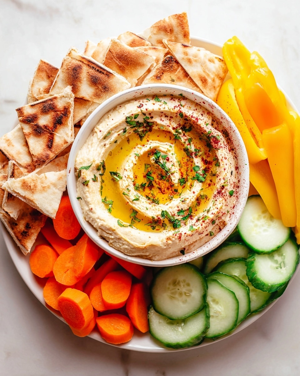 A white plate with a bowl of creamy hummus in the center topped with a swirl of golden olive oil, sprinkled with green herbs and red spices. Surrounding the bowl are several layers: on the left, toasted pita bread triangles with a light golden-brown color and some grill marks; at the bottom, round, bright orange carrot slices; on the right, thin yellow bell pepper sticks; and at the top right, green cucumber slices with visible seeds and a fresh texture. The plate is placed on a white marbled surface. photo taken with an iphone --ar 4:5 --v 7