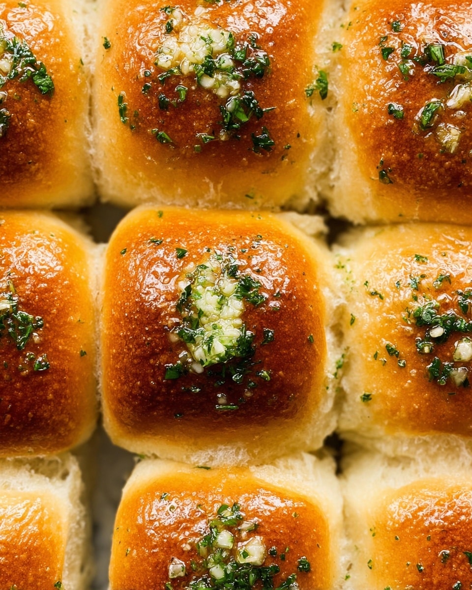 A close-up view of nine soft dinner rolls arranged closely in a 3x3 grid, each roll showing a shiny, golden-brown top with a smooth, rounded texture. The tops of the rolls are brushed with a glistening layer of melted butter mixed with finely chopped green parsley and bits of minced garlic, giving a fresh and savory look. The sides of the rolls are paler and fluffy, with a slightly uneven, soft texture, touching each other without gaps. The image is sharp and detailed, highlighting the moistness and rich color contrast between the golden tops and the lighter dough beneath. The background is a white marbled texture. photo taken with an iphone --ar 4:5 --v 7