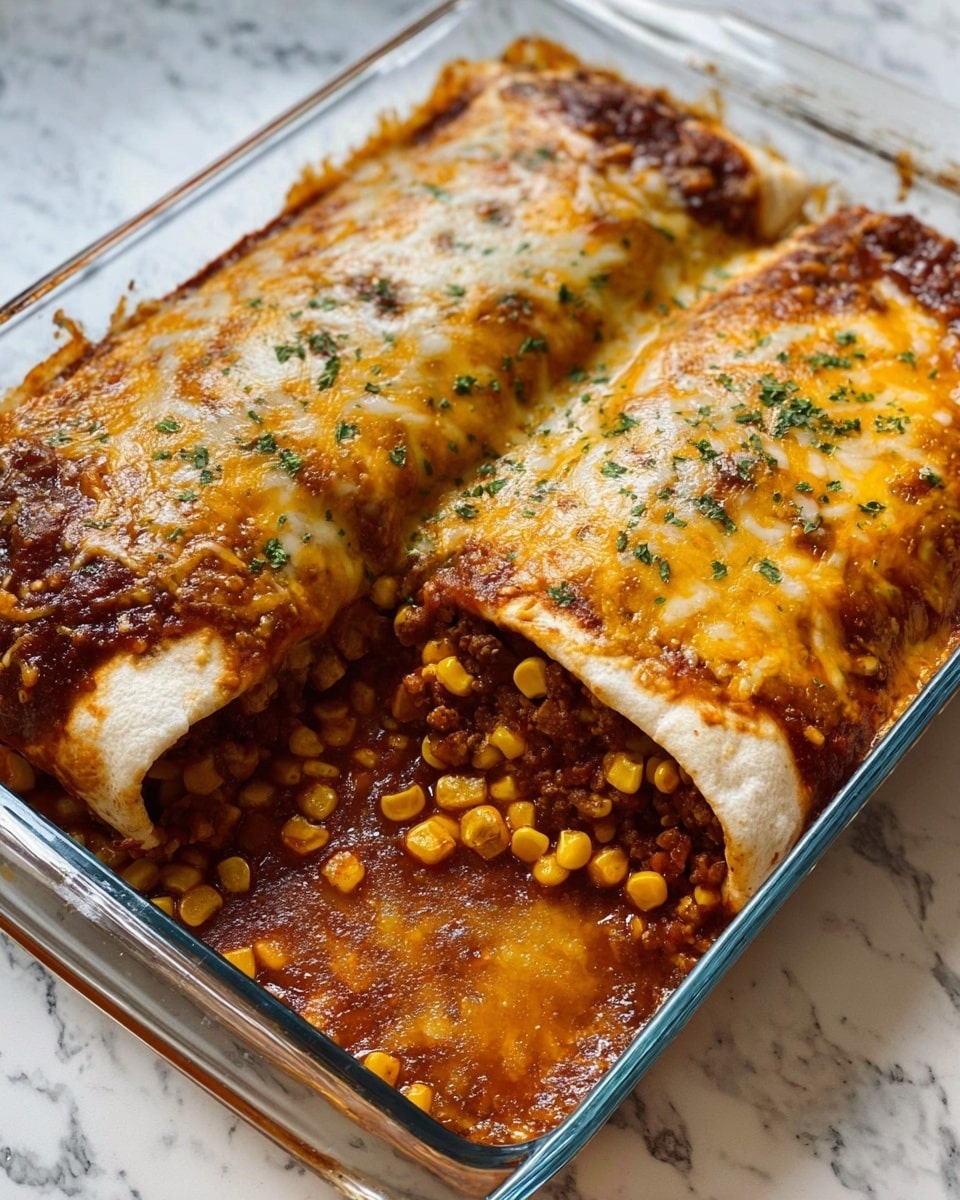 The image shows two large burritos in a glass baking dish on a white marbled surface, with one burrito cut open revealing the filling inside. Each burrito is wrapped in a soft, slightly browned tortilla, covered with a thick layer of melted cheese on top, browned and bubbly with some green herbs sprinkled over it. Inside the cut burrito, there is a filling layered with yellow corn kernels mixed with a reddish-brown meat sauce that looks juicy and thick. The surface of the cheese has a glossy and slightly crispy texture with golden brown spots. photo taken with an iphone --ar 4:5 --v 7