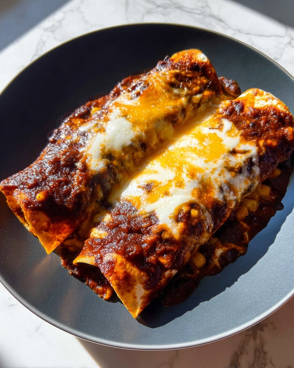 Two rolled tortillas filled with a dark mixture of beans and corn sit side by side on a white plate. The tortillas are covered with a rich, dark red sauce that has baked onto the edges, creating a slightly crispy, caramelized texture. Melted cheese in shades of white and yellow blankets the top, bubbling and browned in spots, adding a creamy and golden finish. The plate rests on a white marbled surface with sunlight casting soft shadows around the edges. photo taken with an iphone --ar 4:5 --v 7