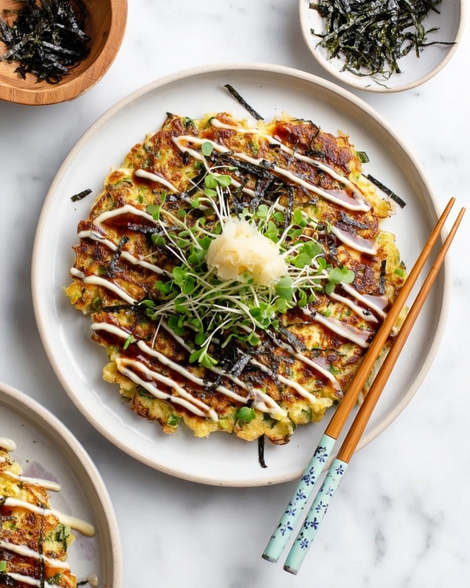 A round okonomiyaki pancake with a golden-brown texture and bits of green vegetables visible on the surface sits on a white plate. It is topped with thin black seaweed strips, finely chopped green onions, white mayonnaise drizzle, dark brown okonomiyaki sauce, and a small pile of light cream-colored pickled ginger in the center, garnished with fresh green microgreens. Two wooden chopsticks with light blue handles featuring white flower patterns rest diagonally on the edge of the plate. The plate is placed on a white marbled surface, next to a small wooden bowl of dark green seaweed strips. Photo taken with an iphone --ar 4:5 --v 7