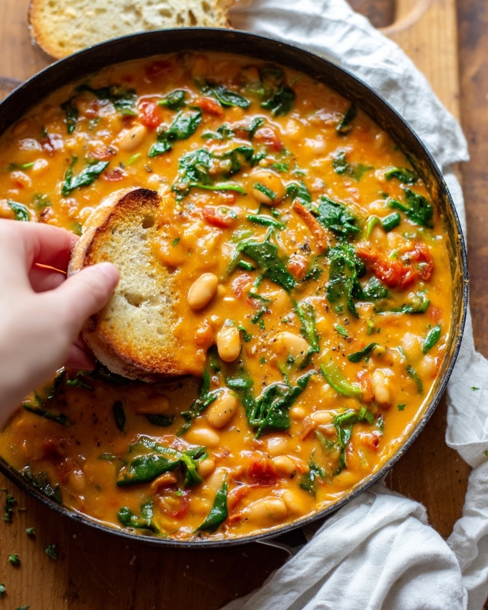 A close-up view of a pan filled with thick, orange bean stew mixed with visible white beans, chopped green leafy vegetables, and small chunks of tomatoes. The stew has a creamy texture with pieces of green herbs sprinkled on top. A woman's hand holds a round toasted bread piece, dipping it into the stew covered with the thick orange mixture, green vegetables, and beans. The pan sits on a wooden surface partly covered with a white cloth, with some stew splashed near the pan's edge. photo taken with an iphone --ar 4:5 --v 7
