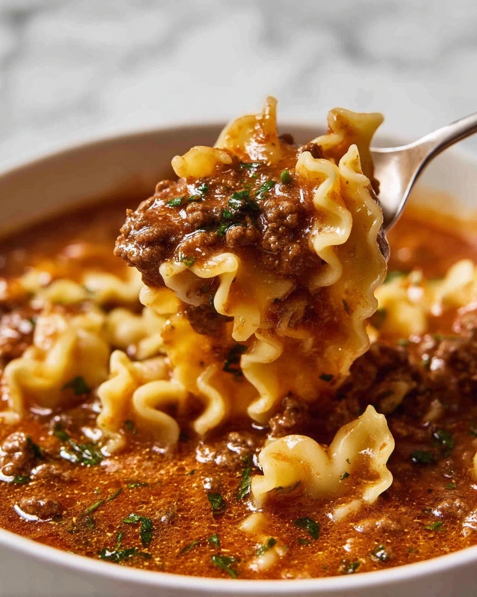 A close-up image of a spoon lifting wavy-edged lasagna noodles coated in a thick, rich brown meat sauce with visible ground beef pieces and small green herb bits. The noodles are pale yellow with a slightly glossy texture, and the sauce looks smooth and hearty with a reddish-brown color mixed with specks of green herbs. Below the spoon, more noodles and meat sauce fill a white bowl, resting on a white marbled surface. The scene highlights the texture and moisture of the lasagna soup, creating a warm and comforting feel. Photo taken with an iphone --ar 4:5 --v 7