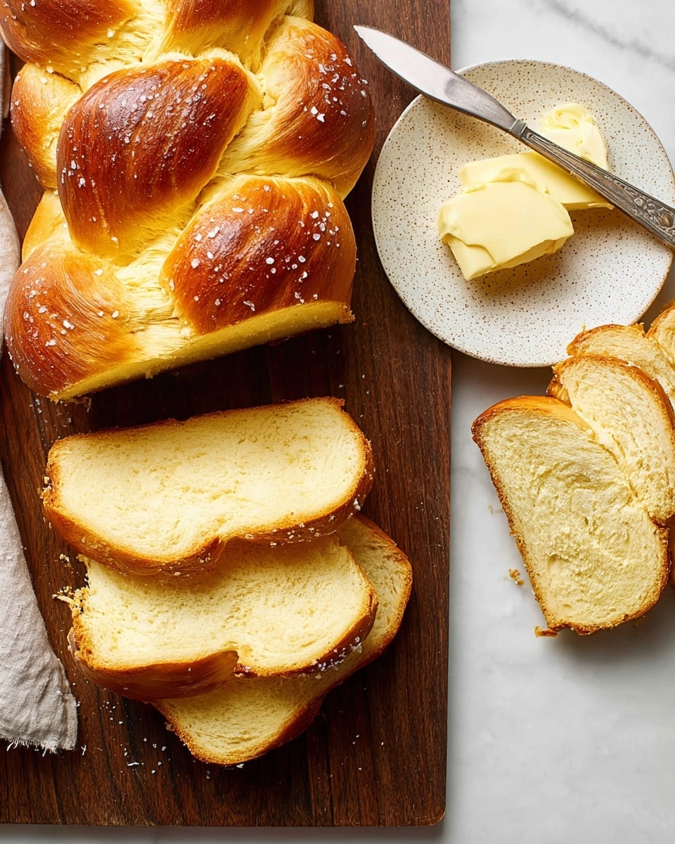 A loaf of braided bread with a golden brown crust sits on a dark wooden cutting board placed on a white marbled surface. Several thick slices of the bread are cut and laid out in a row in the front, showing a soft, light cream inside with a slightly fluffy texture. To the right, a small white speckled plate holds two rectangular blocks of pale yellow butter with one piece partially cut by a knife resting on the plate. The bread's crust is shiny with small grains of salt on top, and the overall scene feels warm and inviting. Photo taken with an iphone --ar 4:5 --v 7