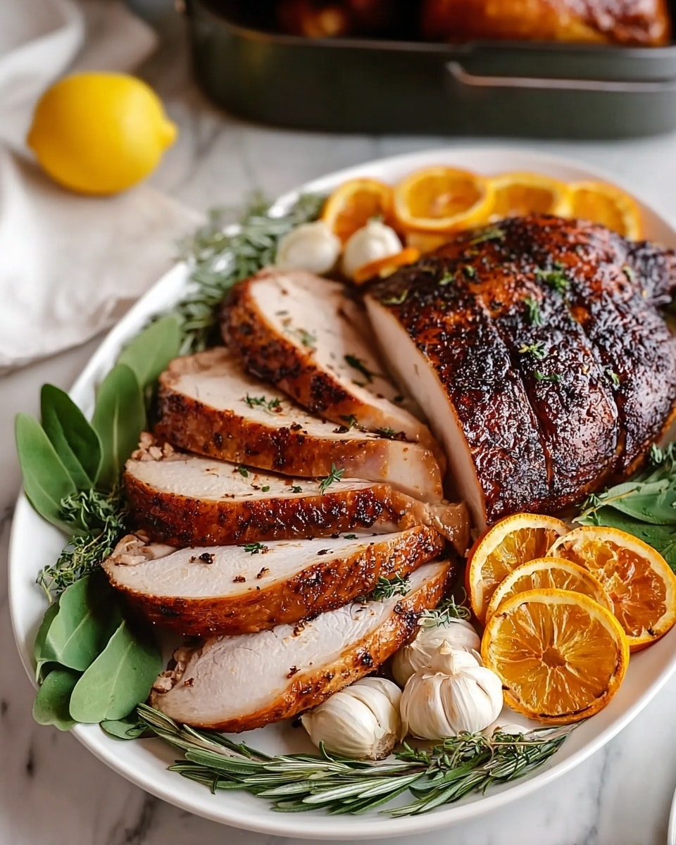 The dish shows a sliced roasted turkey with a dark, crispy skin, arranged in thick layers in the center of a white oval plate. The turkey slices have a tender, light brown inside with a thin crust of pepper seasoning. Around the turkey, there are bright orange roasted orange slices forming a semi-circle towards the back right side of the plate. On the front right and left sides, there are whole garlic bulbs with their white papery skin and fresh green rosemary sprigs scattered beneath and around the turkey. Large green leaves are also placed near the garlic for extra color. The plate sits on a white marbled surface, with a lemon and a dark roasting pan blurred in the background. photo taken with an iphone --ar 4:5 --v 7