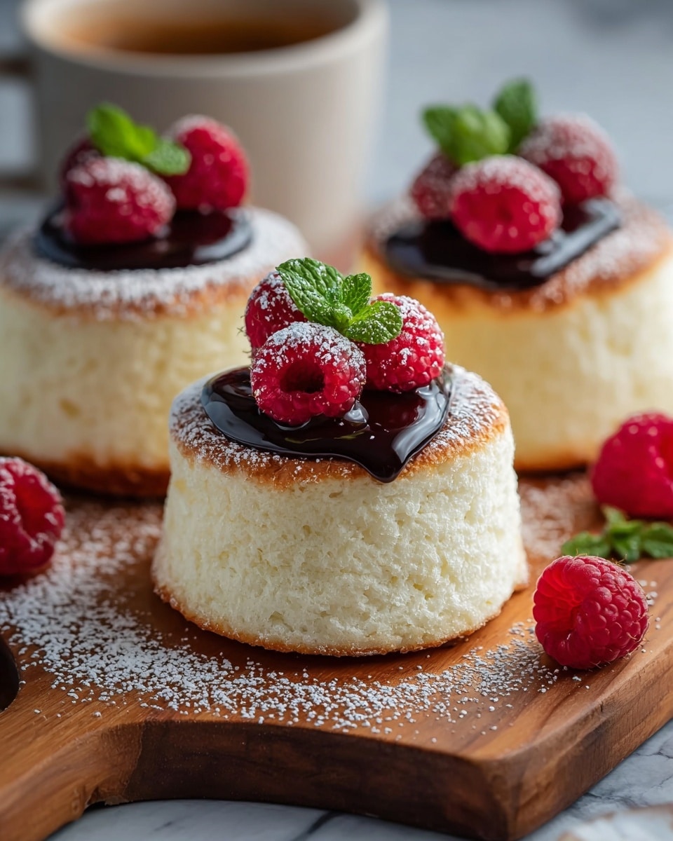 This image shows three small, round fluffy cakes with a soft white texture and a light brown top layer. Each cake has a shiny dark chocolate sauce dollop on top, garnished with bright red raspberries and a small green mint leaf. There is a light dusting of powdered sugar over the tops of the cakes and a few raspberries scattered around them on a wooden board. The background has a soft focus, with a cup containing a brown liquid and a white marbled surface beneath. photo taken with an iphone --ar 4:5 --v 7
