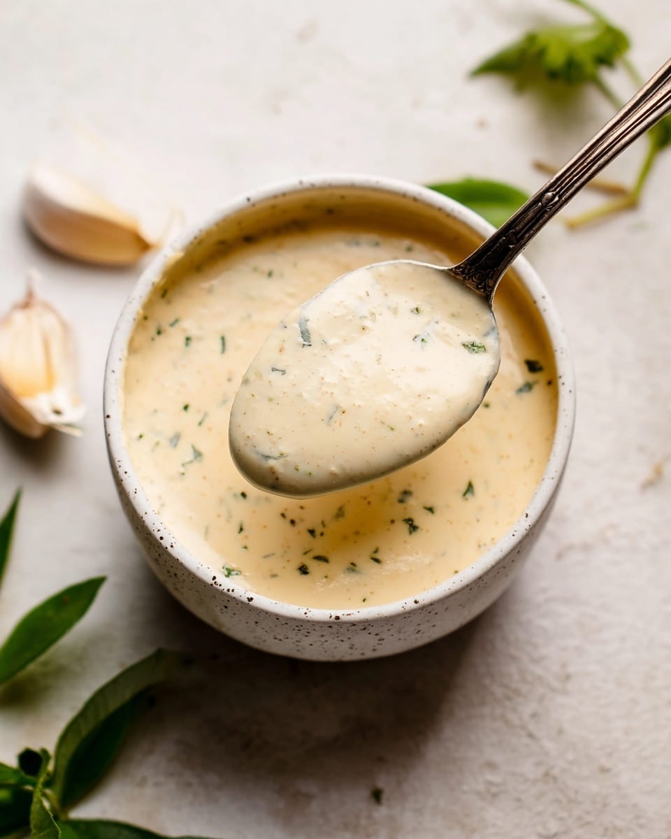 A close-up top view of a small white speckled bowl filled with creamy light beige sauce that has tiny green and black specks mixed throughout. A tarnished silver spoon holds a thick scoop of the sauce above the bowl, showing its smooth texture and subtle herbs. The bowl sits on a white marbled surface with soft natural lighting, and a few garlic cloves and green leaves gently blur in the background. photo taken with an iphone --ar 4:5 --v 7