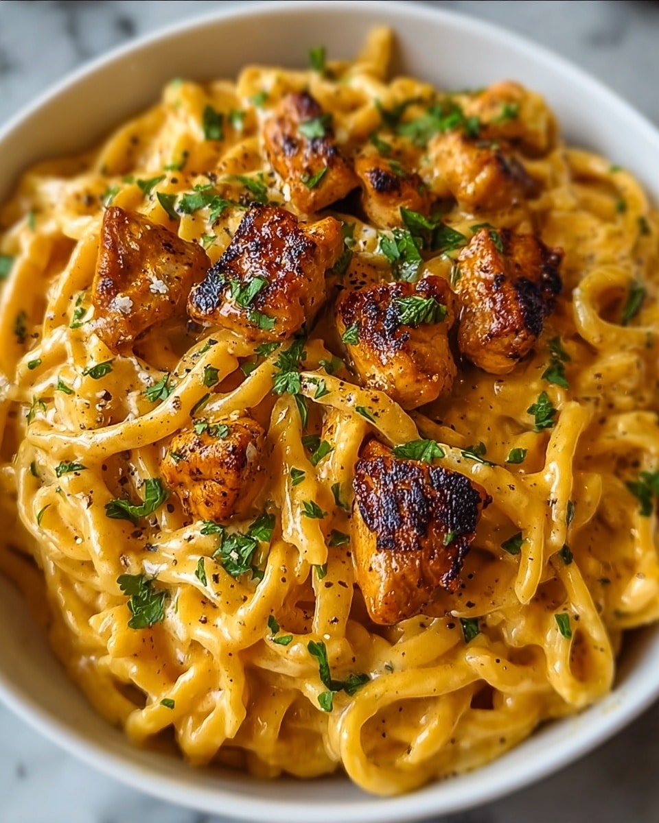 A close-up top view of a white bowl filled with creamy pasta coated in a thick orange-yellow sauce, topped with browned, grilled chicken pieces scattered evenly on top. The pasta strands are twisted and coated smoothly with the sauce, showing a glossy texture. Small green parsley leaves are sprinkled over the chicken and pasta for color contrast. There are also specks of black pepper sprinkled on the dish. The bowl sits on a softly blurred white marbled surface. photo taken with an iphone --ar 4:5 --v 7