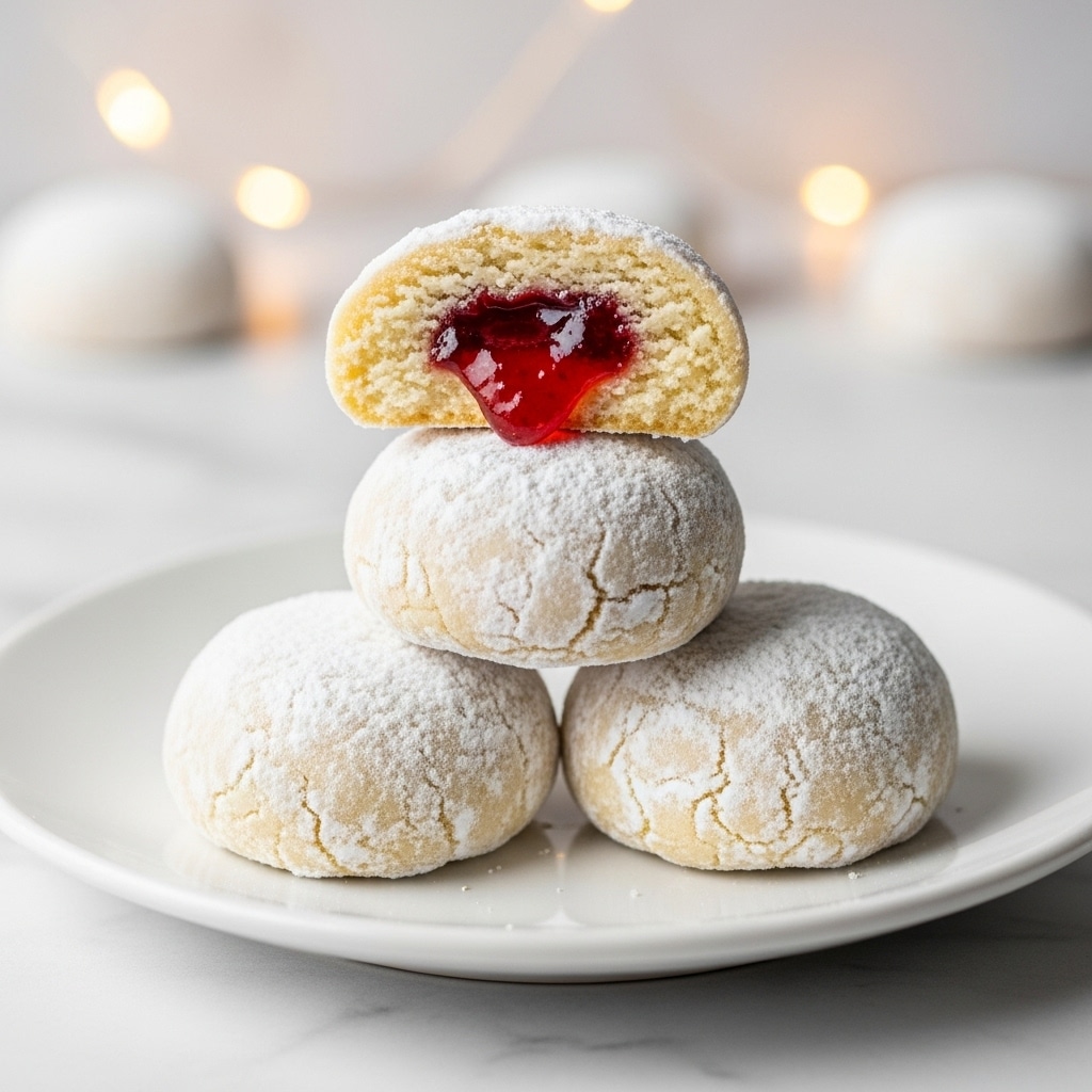 Three round cookies are stacked on a white plate sitting on a white marbled surface. Each cookie is covered in a thick layer of white powdered sugar with a rough texture. The top cookie is cut in half, revealing a soft beige dough surrounding a bright red, jelly-like filling with a glossy, slightly translucent texture. The two whole cookies at the bottom show the powdered sugar coating in full, while a small bit of the red filling peeks from under one of them. The background is softly blurred with warm light spots. Photo taken with an iphone --ar 4:5 --v 7