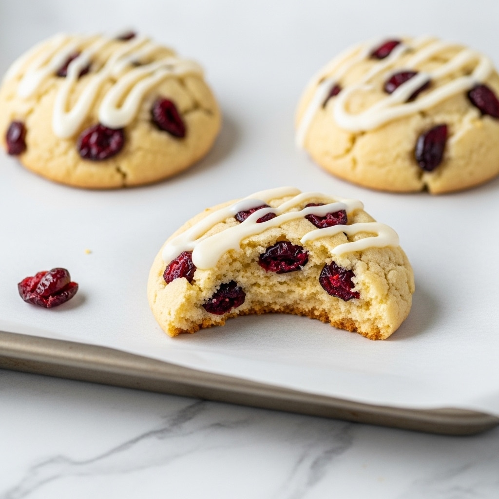 Three soft, round cookies sit on a baking tray lined with parchment paper over a white marbled surface. Each cookie has a pale golden base scattered with bright red dried cranberries embedded throughout. All cookies are lightly drizzled with a smooth, white icing on top. The front cookie is broken in half, showing a soft, crumbly inside with more cranberries visible. In the bottom left corner near the tray, a single loose cranberry rests on the white marbled surface. photo taken with an iphone --ar 4:5 --v 7