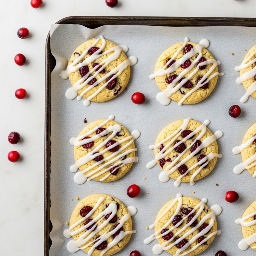 The image shows a baking tray lined with parchment paper, holding six round cookies. Each cookie has a light golden-brown base with visible dark red cranberries embedded in the dough, scattered unevenly across the surface. On top of the cookies, there is a shiny white glaze drizzled in thin, uneven lines, adding texture and a glossy finish. Around the tray on the white marbled surface, a few loose cranberries are scattered, enhancing the fresh and festive look. The tray itself is dark and slightly worn, contrasting with the bright cookies and the smooth white marble underneath. photo taken with an iphone --ar 4:5 --v 7