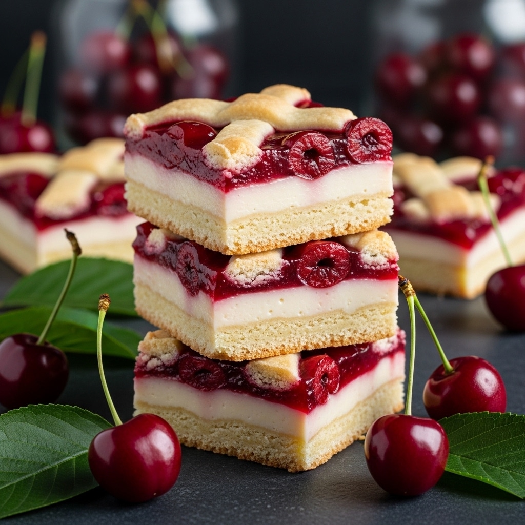 A stack of three square cherry bars is shown, each with three distinct layers: a light golden crust at the bottom, a smooth pale filling in the middle, and a thick, glossy deep red cherry topping with visible cherry pieces on top. The top layer has a light golden lattice crust with a soft, slightly crumbly texture. Around the stack, fresh dark red cherries and green leaves are placed on a dark surface, while the background shows blurred cherries and jars, adding depth. photo taken with an iphone --ar 4:5 --v 7