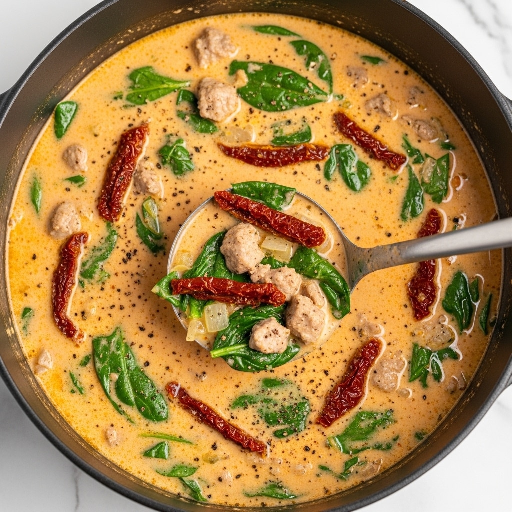 The image shows a creamy soup with a thick, smooth texture, light orange color from the cream base, filled with visible small chunks of cooked meat, bright green spinach leaves, and deep red sun-dried tomatoes spread evenly throughout. A large metal ladle scoops the soup, revealing the dense mix of ingredients with bits of herbs and pepper sprinkled on top. The soup is inside a black pot, set against a white marbled surface. photo taken with an iphone --ar 4:5 --v 7