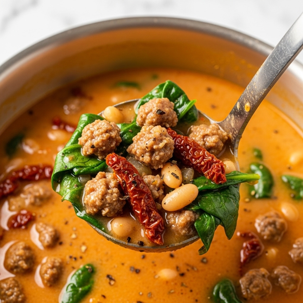 A close-up of a creamy soup with an orange tint, filled with small chunks of brown sausage, bright green spinach leaves, and pieces of red sun-dried tomatoes, all floating in a rich, smooth broth. The soup is shown in a silver ladle lifting from the pot, highlighting the thick texture and mix of ingredients including faint white beans and specks of herbs and spices scattered throughout. The background is a white marbled surface. photo taken with an iphone --ar 4:5 --v 7