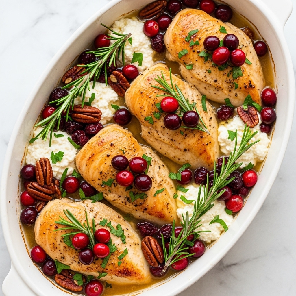 A white oval dish filled with four golden-brown cooked chicken breasts arranged in a row, each topped with sprigs of fresh green rosemary and bright red cranberries. Around and beneath the chicken are clusters of soft white cheese, deep red cranberries, and glossy brown pecan halves, all sitting in a light sauce that glistens in the light. Small pieces of chopped green herbs are sprinkled over the entire dish, adding extra color and texture. The dish is set on a white marbled texture surface. photo taken with an iphone --ar 4:5 --v 7