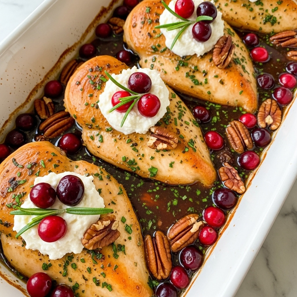 A close-up of four golden-brown cooked chicken breasts arranged in a row inside a white baking dish, each breast topped with a dollop of soft white cheese, a sprig of fresh green rosemary, and scattered pecans and bright red cranberries around and on top. The chicken is sprinkled with finely chopped green herbs, sitting in a glossy, dark sauce with more cranberries and pecans surrounding the pieces. The dish is set on a white marbled surface, highlighting the rich colors and textures of the meal. photo taken with an iphone --ar 4:5 --v 7
