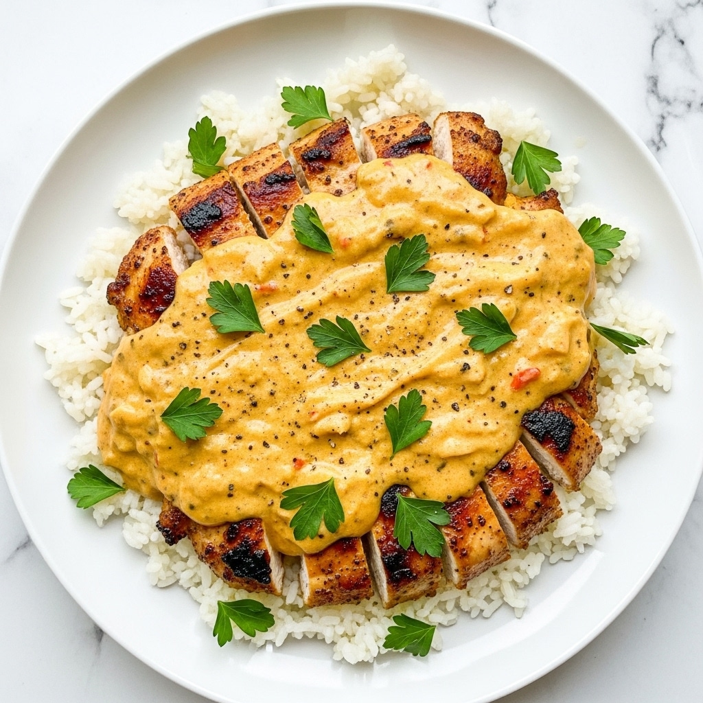 A white plate filled with a base layer of steamed white rice, visible as small, soft grains around the outer edges. On top is a thick layer of creamy, yellowish-orange sauce with specks of black pepper, covering tender, golden-brown grilled chicken pieces that show slight charring. The sauce looks smooth and glossy, spreading unevenly over the chicken and rice. The dish is sprinkled with fresh, vibrant green parsley leaves scattered randomly, adding a bright color contrast. The setting features a white marbled surface in the background. Photo taken with an iphone --ar 4:5 --v 7