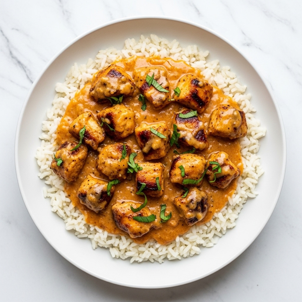 A white plate filled with a layer of white fluffy rice at the bottom, topped with chunks of golden-brown grilled chicken coated in a thick, creamy light orange sauce with visible spices. Small pieces of fresh green herbs are sprinkled evenly on top, adding a pop of color. The dish sits against a white marbled textured background. photo taken with an iphone --ar 4:5 --v 7