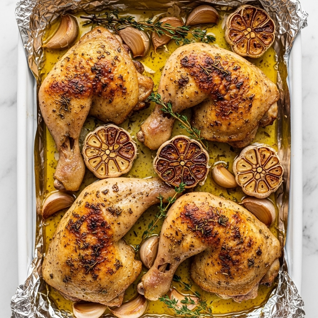 The image shows a white baking tray lined with crinkled aluminum foil holding four roasted chicken legs with golden-brown, crispy skin speckled with herbs. The chicken pieces are placed unevenly, surrounded by cloves of roasted garlic and sprigs of fresh thyme, all sitting in a shallow pool of golden, oily cooking juices. The chicken skin shows slight char marks and a textured surface, while the garlic cloves are soft and browned. The background is a white marbled texture. photo taken with an iphone --ar 4:5 --v 7
