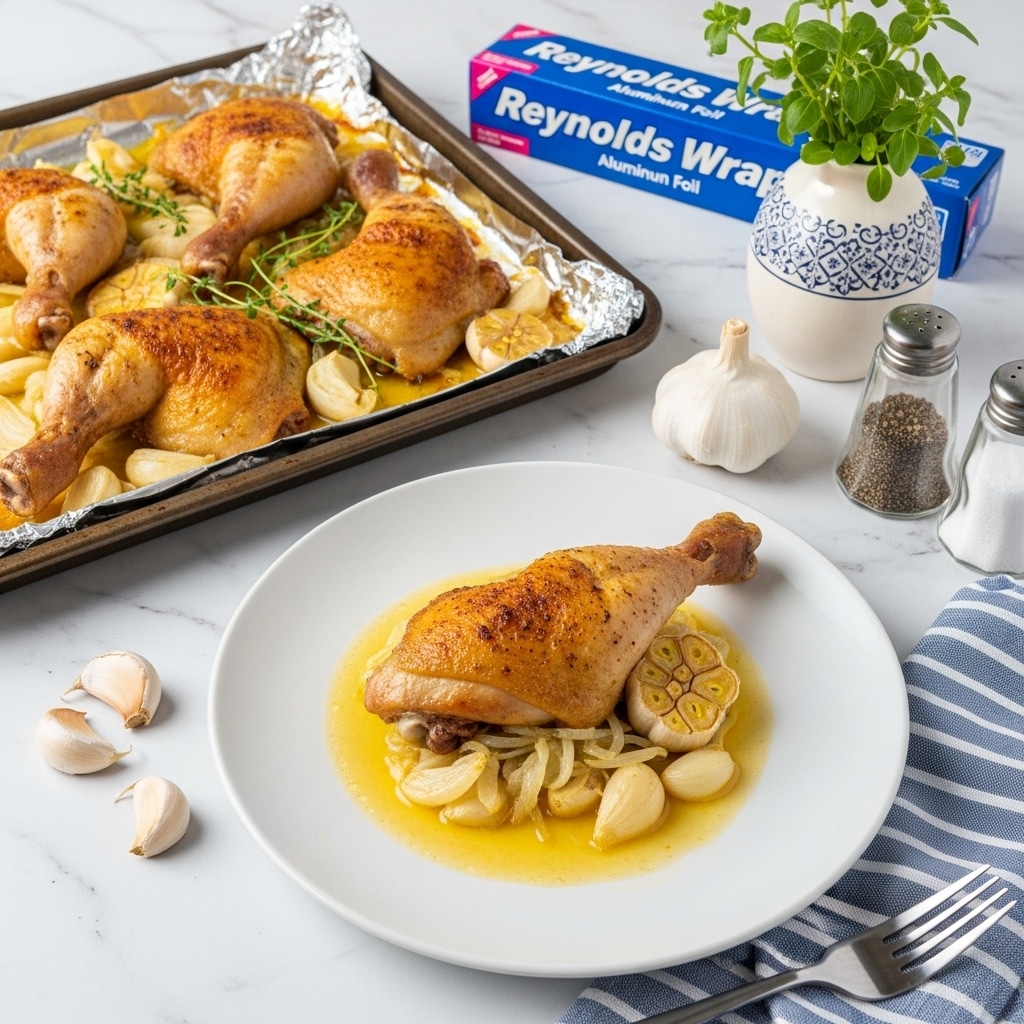 The image shows a cooked chicken leg quarter with golden-brown, crispy skin placed on top of a layer of soft, light yellow garlic cloves and translucent cooked onions in a shallow pool of pale yellow sauce, all served on a white plate. Behind the plate, a baking tray lined with aluminum foil contains more chicken leg quarters in the same golden brown color sitting in the yellow sauce with visible sprigs of green herbs and cloves of garlic. Next to the tray is a blue and pink box of Reynolds Wrap aluminum foil. On the white marbled surface around the plate and tray are a whole garlic bulb, some loose garlic cloves, a small white cream and blue patterned vase holding sprigs of fresh green herbs, and a pair of dark salt and pepper shakers. A fork rests on a blue and white striped cloth near the bottom right corner. photo taken with an iphone --ar 4:5 --v 7