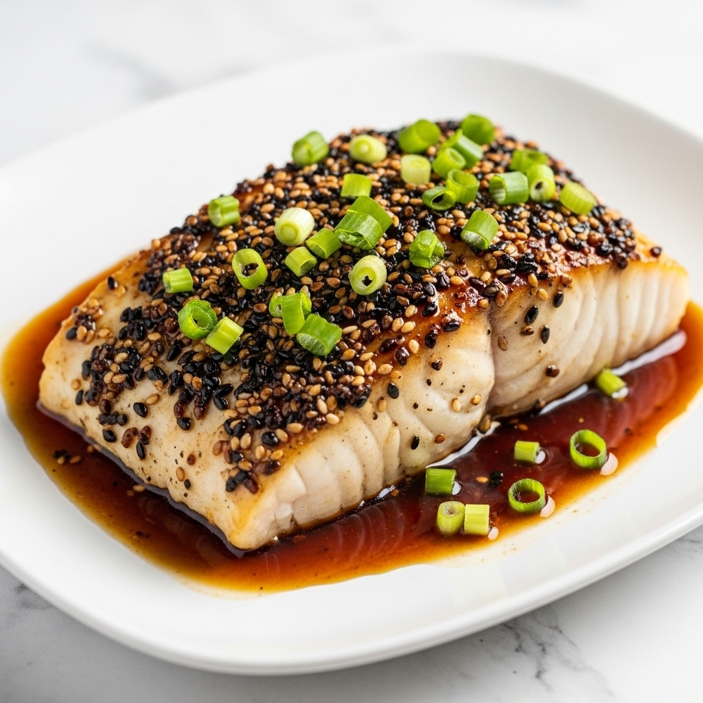 A thick piece of white fish is shown on a white plate with a glossy, dark brown sauce spread underneath and around its base. The fish is topped with a rich glaze that has a nearly black speckled texture, mixed with small sesame seeds and bright green chopped scallions scattered across its surface, adding a fresh contrast. The fish itself has a slightly flaky texture, with the edges showing a light golden finish from cooking. The scene is set on a white marbled surface. photo taken with an iphone --ar 4:5 --v 7
