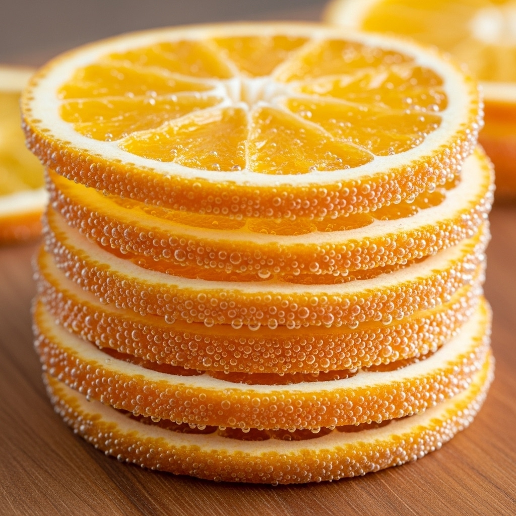 A close-up view of a stack of thin, round orange slices, each slice sparkling with tiny bubbles clinging to the edges and surfaces, giving a fresh, fizzy look. The slices are translucent, showing the segments inside, and they are piled neatly one on top of the other on a smooth wooden board. The background is softly blurred to keep the focus on the bright, juicy orange layers. photo taken with an iphone --ar 4:5 --v 7