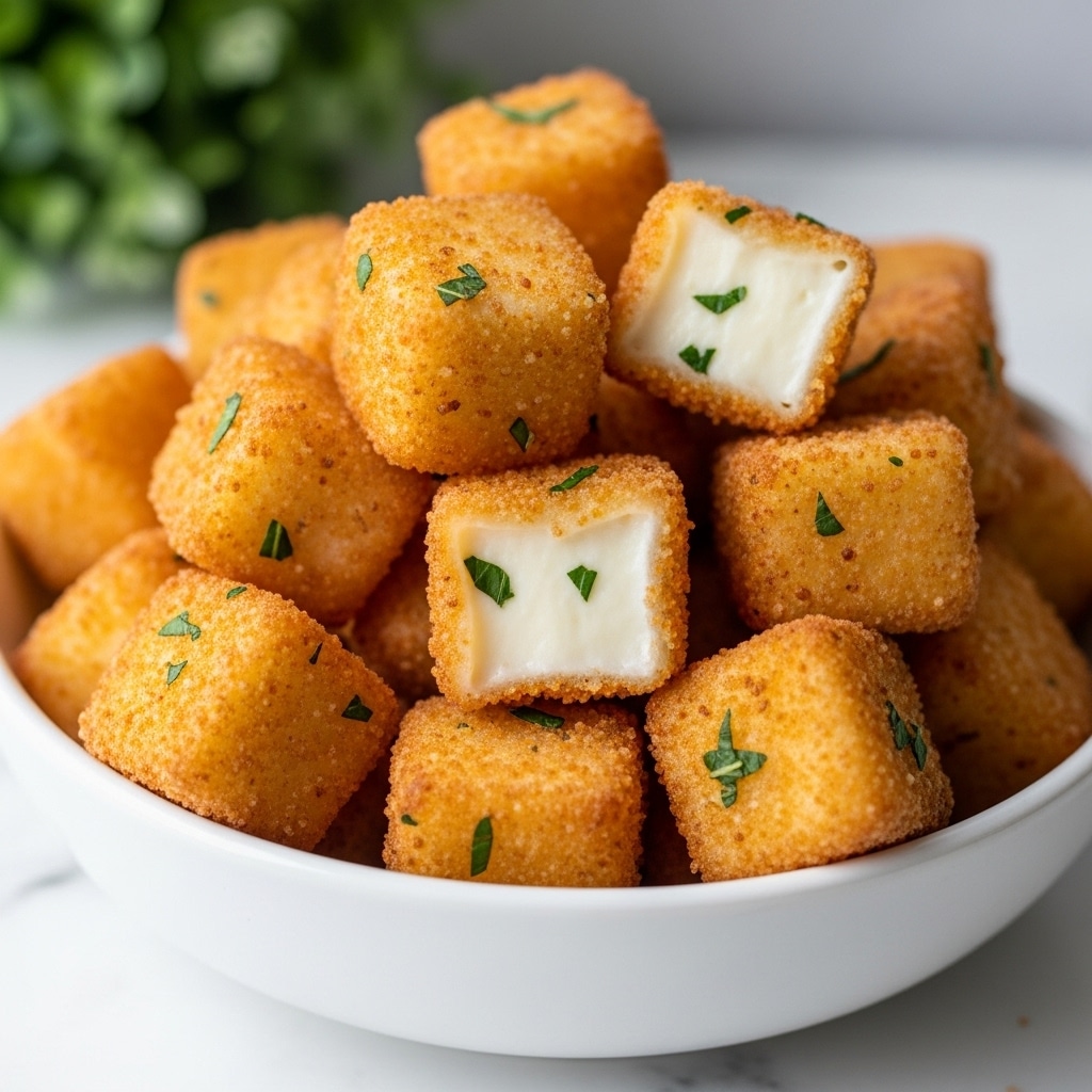 A close-up view of a bowl filled with golden-brown fried cheese cubes. Each cube has a crispy, lightly browned outer layer with small green herb pieces sprinkled on some sides, while the inside looks soft and creamy white. The cubes are piled high in a round white bowl, sitting on a white marbled surface, with a blurred green plant in the background. photo taken with an iphone --ar 4:5 --v 7