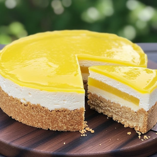 The image shows a round tart with three clear layers. The bottom layer is a thick, crumbly crust with a golden-brown color and rough texture. Above the crust is a creamy, pale yellow filling that looks smooth and firm. On top, there is a shiny, slightly darker yellow glaze or curd that is thin and even, covering the filling fully. The tart sits on a wooden surface with a slice cut out to reveal the layers clearly. Photo taken with an iphone --ar 4:5 --v 7