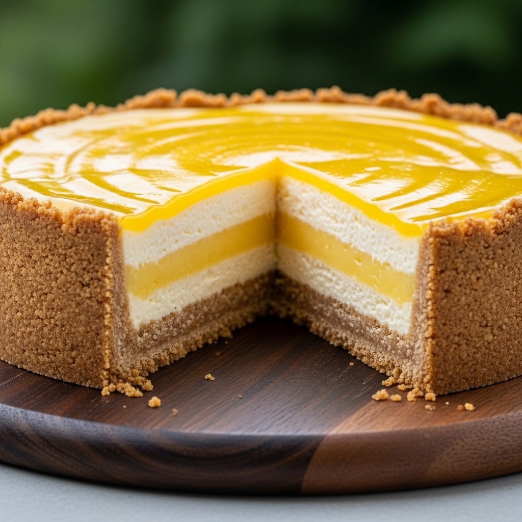 The image shows a lemon tart with three distinct layers. The bottom layer is a thick, crumbly golden-brown crust that forms the base and sides of the tart. Above the crust is a thick, smooth cream-colored filling that looks soft and creamy. The top layer is a shiny, bright yellow lemon glaze spread evenly across the surface, giving a glossy finish. A wedge slice is cut out, revealing the clean layers and textures inside. The tart is placed on a dark wooden round board with a blurred natural green background. photo taken with an iphone --ar 4:5 --v 7