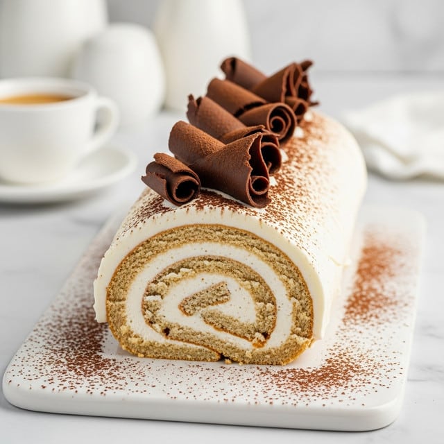 A rolled cake with three visible layers starting with a light brown sponge cake rolled with a white cream layer inside, forming a spiral pattern. The outside is covered in a smooth, thick white cream with a dusting of light brown cocoa powder on top and around the base. On the top center, there are multiple dark brown chocolate curls arranged in a line. The cake sits on a white rectangular cutting board with cocoa powder scattered on it. In the background, a white cup filled with coffee and blurred white objects are visible on a white marbled surface. photo taken with an iphone --ar 4:5 --v 7