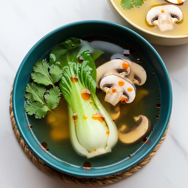 A close-up of a bowl of clear vegetable soup placed on a woven mat over a white marbled surface, with another bowl of yellow soup showing mushrooms in the background. The main bowl is deep teal, filled with a light golden, translucent broth. Floating inside are one whole baby bok choy with its white stem and green leaves, several slices of light brown mushrooms, bright green cilantro leaves resting near the top, and small drops of red chili oil scattered across the surface. The soup looks fresh and light, with textures varying from soft greens to smooth broth, photo taken with an iphone --ar 4:5 --v 7