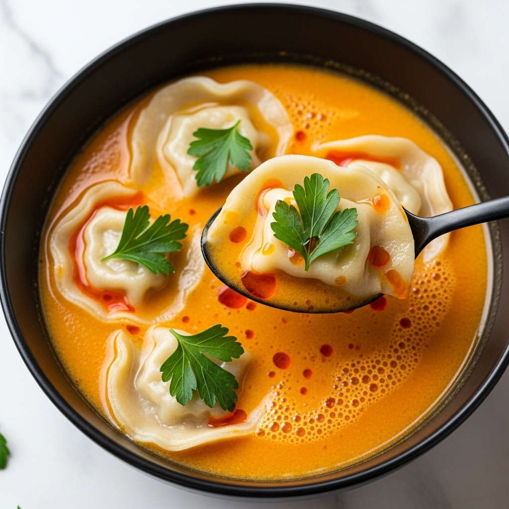 A close-up view of a black bowl filled with creamy orange soup that has a smooth but slightly bubbly texture. Floating in the soup are soft, folded dumplings with a light beige color, some topped with bright green parsley leaves. A black spoon scoops one dumpling from the bowl, highlighting the dumpling's smooth surface with a few drops of red oil and a parsley leaf on top. The background is a white marbled texture. photo taken with an iphone --ar 4:5 --v 7