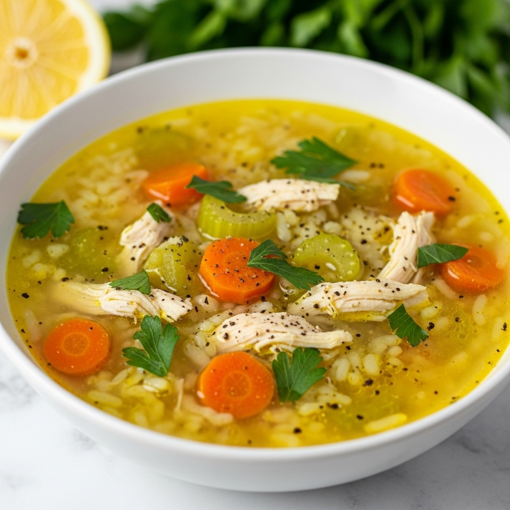 A close-up of a bowl filled with homemade chicken noodle soup, showing a rich yellow broth with small shredded pieces of white chicken, soft orange carrot chunks, and translucent light green celery pieces evenly spread throughout the soup, topped with scattered fresh dark green parsley leaves and a sprinkle of black pepper. The white bowl has a smooth surface and sits on a white marbled texture. In the background, a partially visible lemon wedge and some parsley leaves add freshness to the scene. photo taken with an iphone --ar 4:5 --v 7