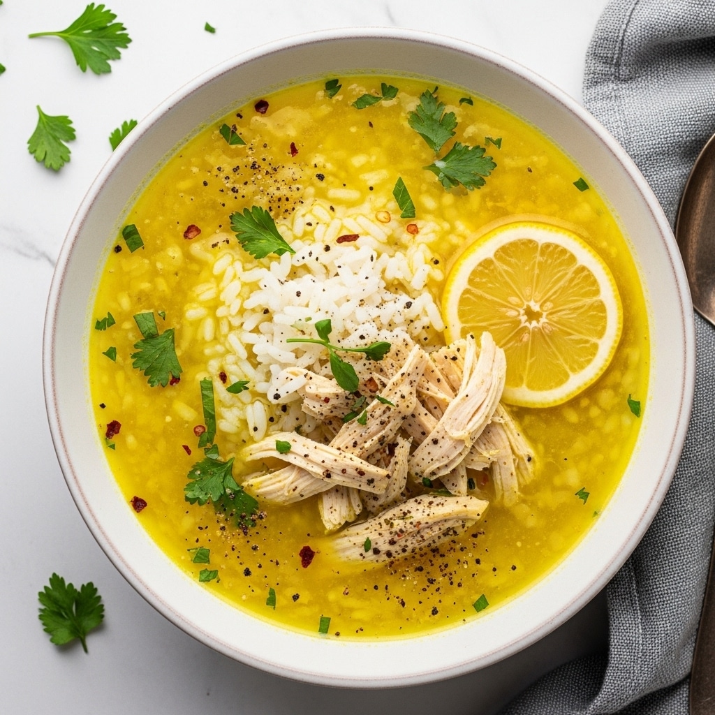 A bowl of bright yellow chicken soup fills most of the space, with shredded white chicken pieces and a heap of white rice in the center. A yellow lemon slice sits on the right side inside the soup, and the broth is dotted with green chopped herbs, black pepper, and small bits of red chili flakes. The bowl is white with a rustic texture on its rim, set on a white marbled background with some green herbs scattered around, and a gray cloth partially visible on the right side. Photo taken with an iphone --ar 4:5 --v 7