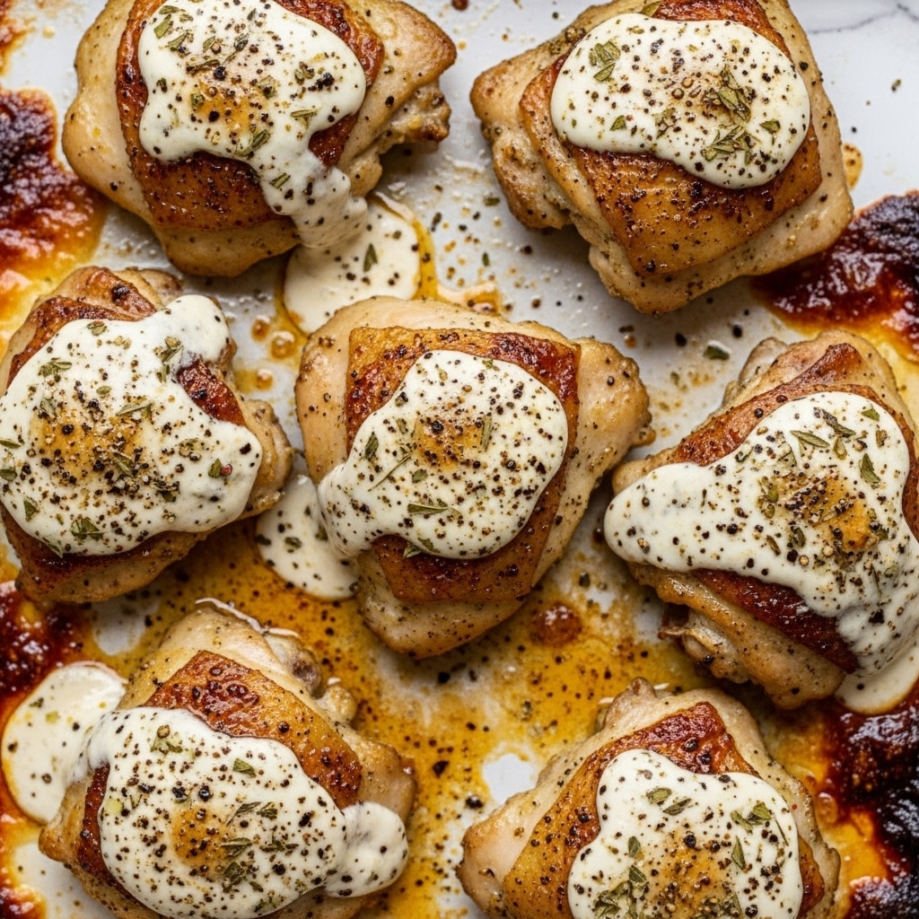 The image shows several pieces of cooked chicken thighs in a baking dish. Each piece is golden brown with a creamy, slightly bubbly sauce covering the top, speckled with black pepper and small herbs. The chicken pieces sit close together in the dish, with some areas where the sauce has melted and pooled, giving a glossy texture. The edges of the dish show some browning and caramelized spots, indicating the dish was baked. The background is a white marbled texture. photo taken with an iphone --ar 4:5 --v 7