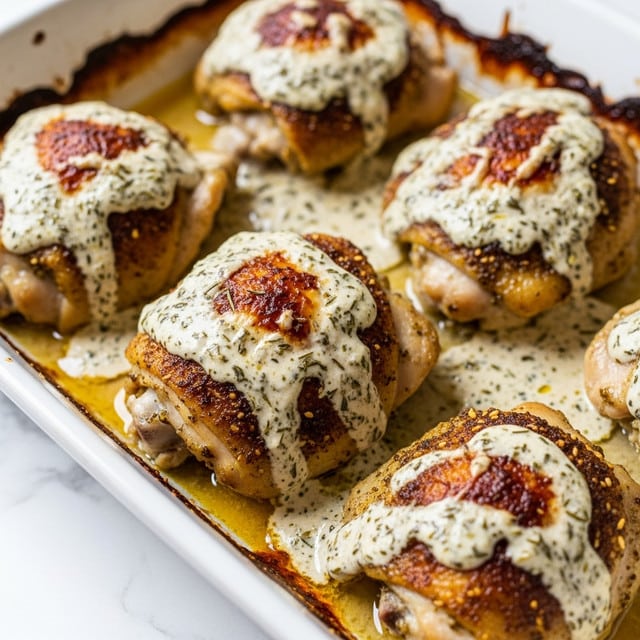 The image shows close-up baked chicken thighs with a creamy, herb-spiced coating. The chicken pieces are golden brown on the edges, with visible herbs and spices mixed into a thick, light cream sauce that clings to the surface. The textured skin looks slightly crisp with darker browned spots, and the sauce pools gently around each piece in a white baking dish with browned edges. The dish is set on a white marbled texture. photo taken with an iphone --ar 4:5 --v 7