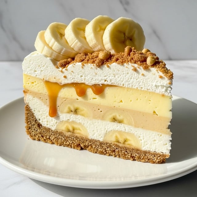 A slice of layered banana cream pie sits on a white plate with a crumbly brown crust at the bottom. Above the crust is a thick white creamy layer, followed by a light yellow smooth custard layer with bit of caramel sauce dripping down. On top is a layer of white whipped cream, sprinkled with crunchy brown crumbs and small nuts. Five thick banana slices stand upright along the top edge of the pie. The background has a white marbled texture and soft natural light. Photo taken with an iphone --ar 4:5 --v 7