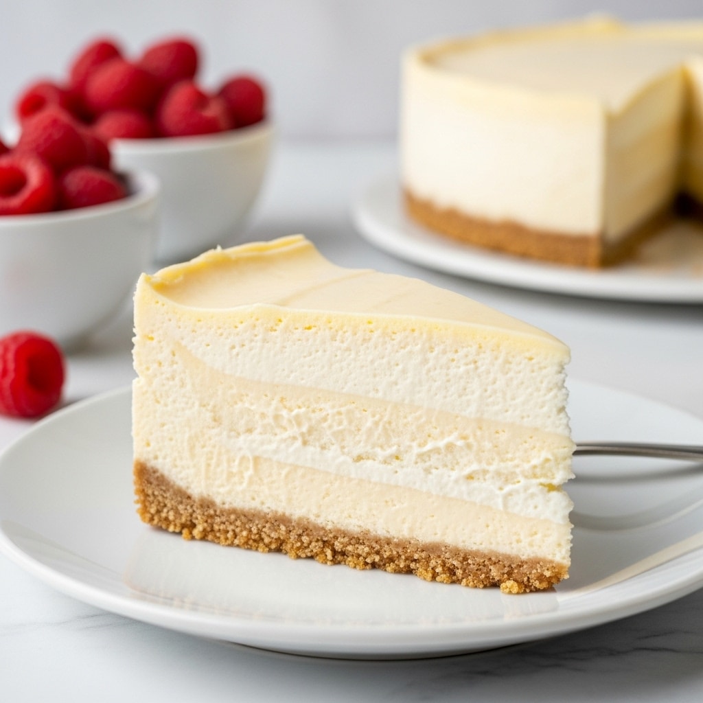 A slice of cheesecake sits on a white plate, showing three clear layers: a bottom crumbly light brown crust, a thick and creamy off-white middle layer with a soft texture, and a smooth pale cream top layer with a slight golden edge. In the blurred background, two white bowls filled with red raspberries add a touch of color. The setting rests on a white marbled surface photo taken with an iphone --ar 4:5 --v 7
