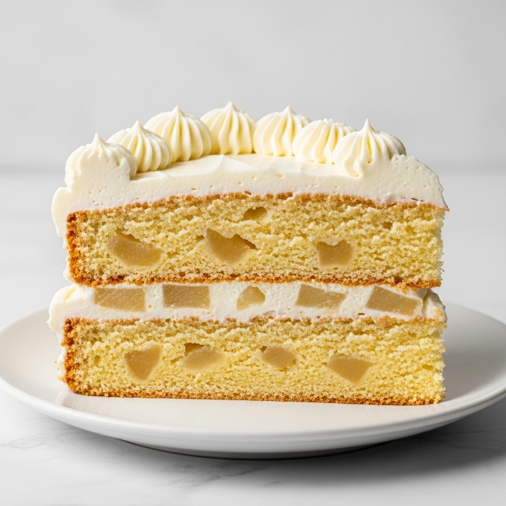 A slice of layered cake with two thick layers of golden-brown spongy cake filled with visible small chunks of light beige apples mixed in. Between the cake layers, there is a creamy white frosting layer, soft and smooth. The top layer of the cake is covered with a thick spread of the same white frosting, decorated with delicate swirls and peaks. The cake slice sits on a simple white plate, placed on a white marbled texture surface. Photo taken with an iphone --ar 4:5 --v 7