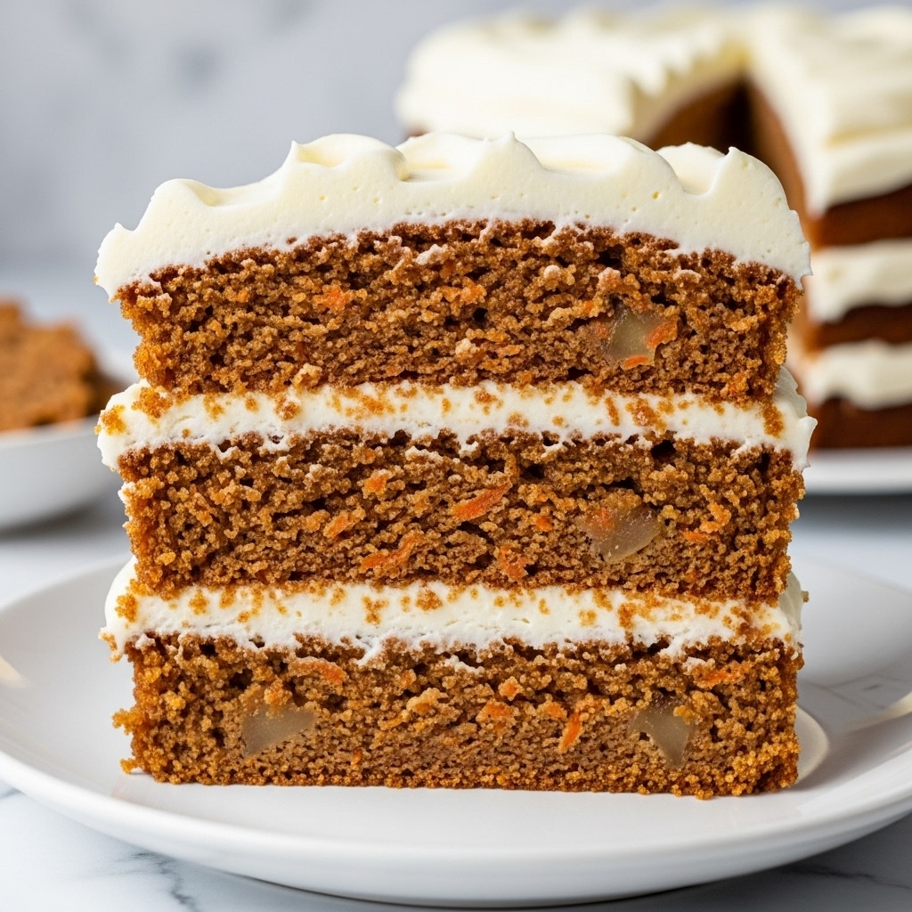 A close-up of a thick slice of carrot cake sits on a white plate, showing three distinct layers of moist, slightly crumbly cake with bits of carrot and nuts inside. Between each cake layer is a layer of smooth, creamy white frosting, and the top is covered with a thick layer of frosting that has gentle, soft swirls. The cake has a golden brown color with visible texture from the ingredients inside. The setting includes a white marbled surface and blurred background. photo taken with an iphone --ar 4:5 --v 7