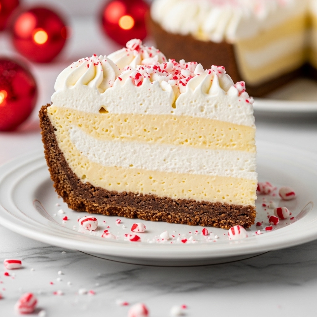 A slice of pie with three visible layers sits on a white plate placed on a white marbled surface. The bottom layer is a thick, dark brown crust with a crumbly texture. Above it is a thick, creamy layer of pale yellow filling, smooth and dense. On top, there is a generous amount of white whipped cream with soft swirls, sprinkled with small bits of red and white crushed peppermint candy scattered both on the cream and around the plate. The background shows soft, warm red bokeh lights suggestive of a festive scene. Photo taken with an iphone --ar 4:5 --v 7