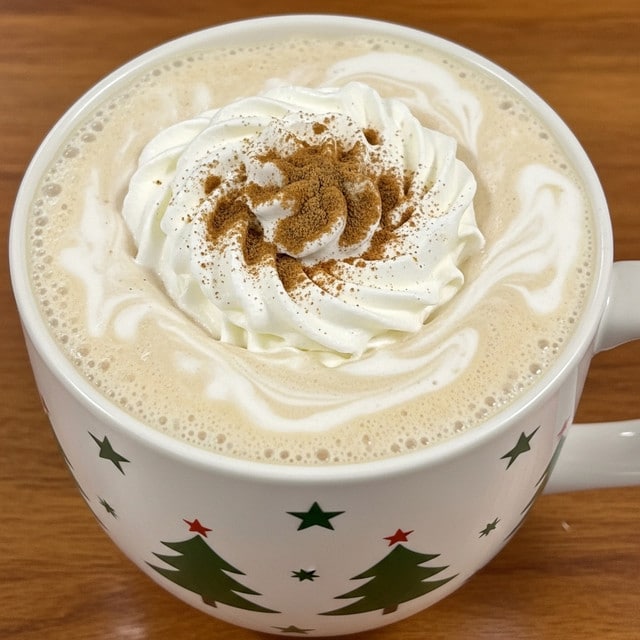 A white mug decorated with green Christmas tree and star patterns is filled to the top with a creamy, light beige drink. It has a thick layer of whipped cream on top, textured with soft peaks, and sprinkled with a dusting of cinnamon powder in the center. The drink's surface shows slight swirls of cream blending into the light brown liquid underneath. The mug is placed on a wooden surface. photo taken with an iphone --ar 4:5 --v 7