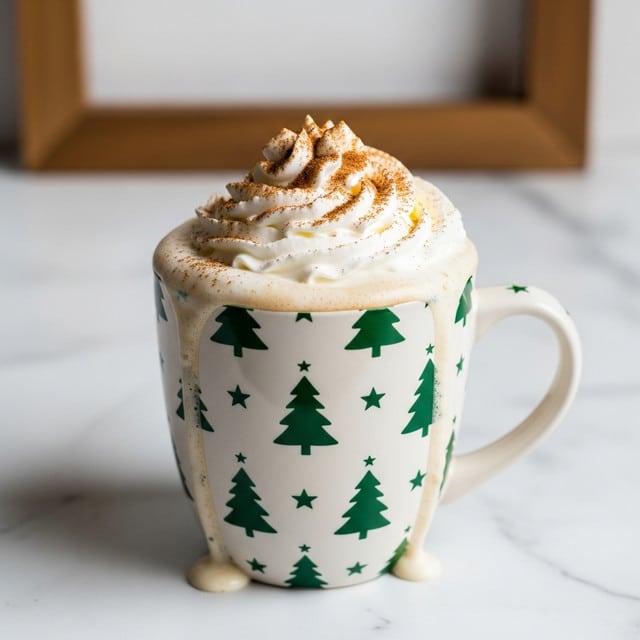A white mug with green Christmas tree and star patterns, filled to the top with a creamy drink that is spilling slightly down the side. On top is a thick swirl of white whipped cream dusted with a light sprinkle of brown cinnamon powder. The mug sits on a white marbled textured surface with part of a wooden frame in the blurred background. photo taken with an iphone --ar 4:5 --v 7